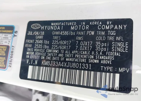 2018 Hyundai Tucson Sel z USA, uszkodzony, nr VIN KM8J33A4XJU801331